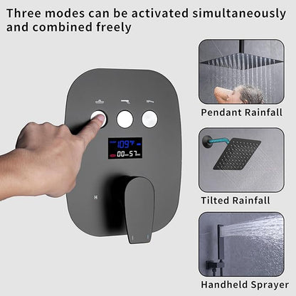 Shower Faucet Set Matte Black Shower System, Push Button Shower Faucet with Dual Rain Shower Head(12 inch+8 inch), Handheld Shower, with Digital Temperature Display Function