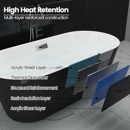 Freestanding Bathtubs 59 Inch Acrylic Freestanding Bathtub – Black Exterior White Interior Free Standing Tub with Chrome Drain & Overflow, Modern Oval Soaking Tub for Guest Bath