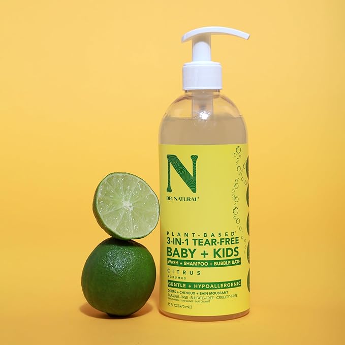 Dr. Natural 3-in-1 Tear-Free Baby Plus Kids Soap - Head-to-Toe Soap and Shampoo - Sensitive Skin Moisturizing Body Wash - Citrus - 16 oz