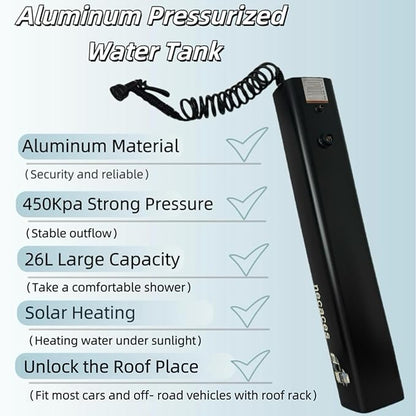 8Gallon Pressurized Water Tank,Portable Aluminum Camping Shower Water Storage with Spray Hose for Overland Off-Road Vehicles, Pick-up Trucks,Outdoor Activities Water Supply.