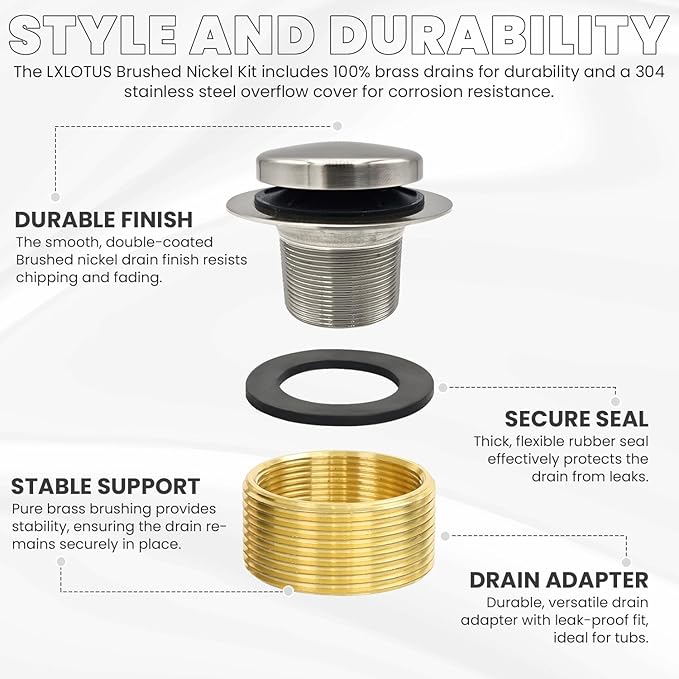 LXLTOUS Brushed Nickel Toe Tap Bathtub Trim Set with Two-Hole Overflow Faceplate, Replacement Tub Drain Kit with 2-Hole Overflow Cover and Universal Fine/Coarse Thread, Fits 1-3/8" and 1-1/2"