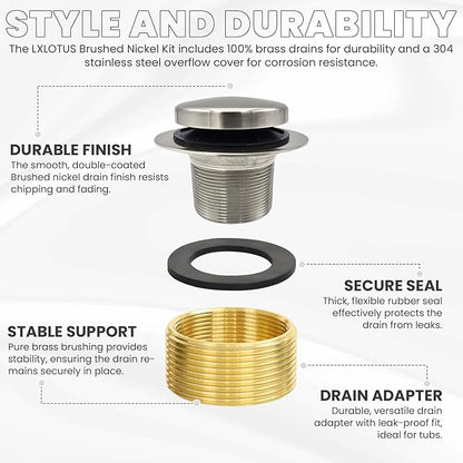LXLTOUS Brushed Nickel Toe Tap Bathtub Trim Set with Two-Hole Overflow Faceplate, Replacement Tub Drain Kit with 2-Hole Overflow Cover and Universal Fine/Coarse Thread, Fits 1-3/8" and 1-1/2"