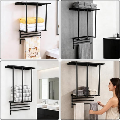 3-Tier Wall Mounted Towel Rack, Bathroom Storage Shelf with Towel Bar, Heavy-Duty Metal Organizer in Matte Black for Bathroom and Powder Room Storage and Organizer