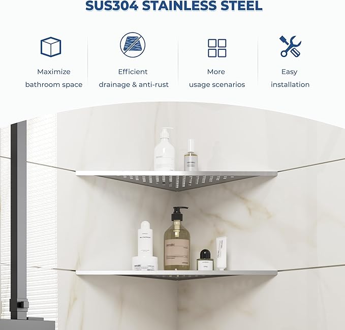 FerdY 2-Pack 10" Brushed Nickel Recessed Corner Shower Shelf, for Tiled Bathroom Walls, 304 Stainless Steel Floating Shower Shelf, Shower Caddy Storage Shelves, No Drilling Required, Point Triangle