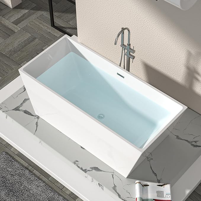 Logmey 67 Inch Bathtub White Acrylic Freestanding Rectangle Deep Soaking Tub with Chrome Drain & Overflow Assembly for Classic and Modern Bathrooms
