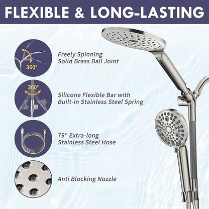 HOWUWEY Filtered Dual Shower Head with Handheld Spray Combo for Hard Water, 7.5-inch Modern High Pressure Shower Head with 9-mode Handheld and Filter, 79-inch Hose (Filtered, Brushed Nickel)