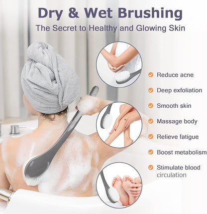 Body Back Scrubber – 17'' Long Handle Shower Brush, Durable Exfoliator for Dry & Wet Use, Deep Cleansing & Gentle Exfoliation for Smooth Skin – for Men, Women & Elderly (Gray)