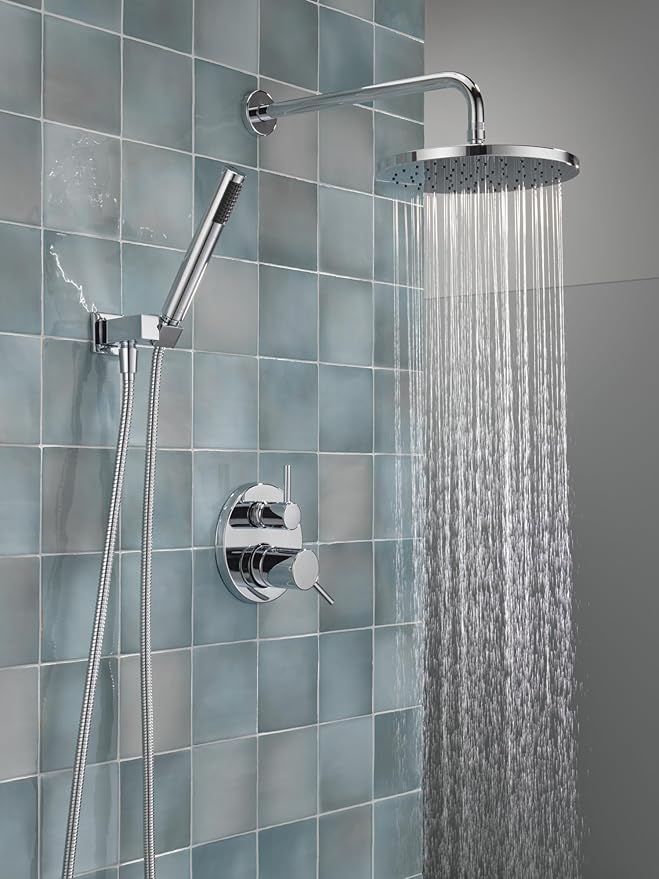 Delta Modern 14 Series Round Rain Shower System Faucet Set, Rainfall Chrome Shower Head and Handle Set, Valve Trim Kit, 10 Inch, Chrome 342702