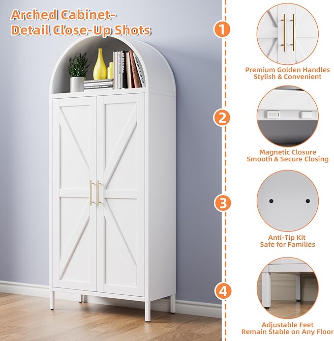Kitchen Pantry Cabinet, Metal Arched Storage Cabinet with Doors and Adjustable Shelves, Farmhouse Cupboard for Dining Room, Living Room, Bathroom(White
