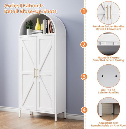 Kitchen Pantry Cabinet, 67in Tall Arched Storage Cabinet with Doors and Shelves, White Freestanding Cupboard for Laundry, Dining Room, Living Room, Bathroom
