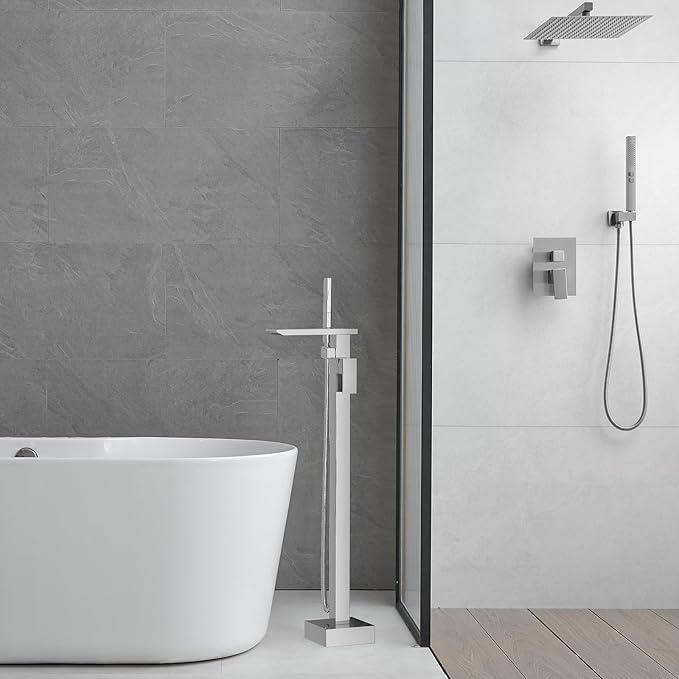 RUMOSE Polished Chrome Bathtub Filler Freestanding Tub Filler Floor Mount Tub Faucet Waterfall Bathtub Faucet with CUPC Certified High Flow Brass Bath Shower Faucets with Handheld Sprayer