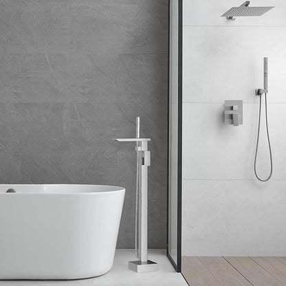 RUMOSE Polished Chrome Bathtub Filler Freestanding Tub Filler Floor Mount Tub Faucet Waterfall Bathtub Faucet with CUPC Certified High Flow Brass Bath Shower Faucets with Handheld Sprayer