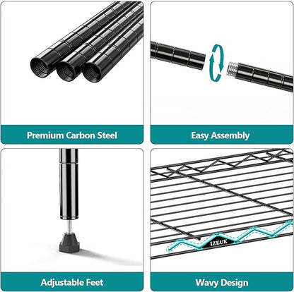 IZEUK 4-Tier Heavy Duty Steel Storage Shelves, Metal Shelf Wire Shelving Rack for Pantry, Kitchen, Garage, or Office Organization (29.5" W x 13.7" D x 47.2" H, 1000LBS, Black)