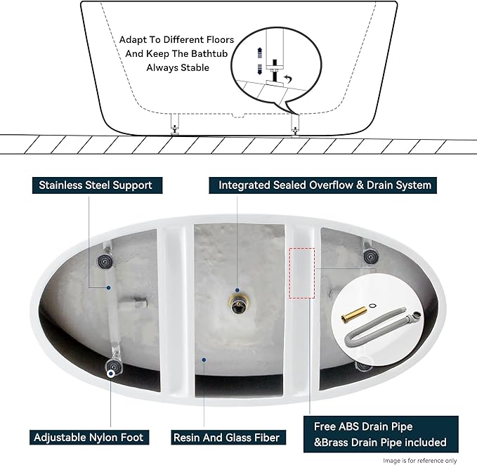FerdY Tahiti 59" Acrylic Freestanding Bathtub, Elegant Oval Shape Soaking Bathtub, Glossy White, Matte Black Drain & Matte Black Overflow Assembly Included cUPC Certified