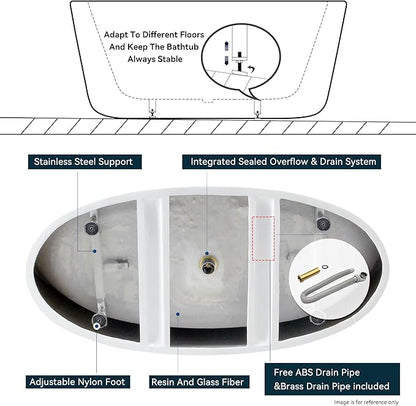 FerdY Naha Elite 59" Acrylic Freestanding Bathtub, Curve Edge Freestanding Soaking Bathtub, Glossy White, cUPC Certified, Brushed Nickel Drain & Minimalist Linear Design Overflow Included, 02588