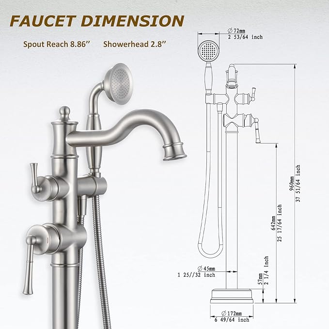 Freestanding Floor Mount Tub Filler with Handheld Shower Roman Bathtub Faucet by Brushed Nickel Finish, Swivel Spout with Brass Rough-in and Water Hose