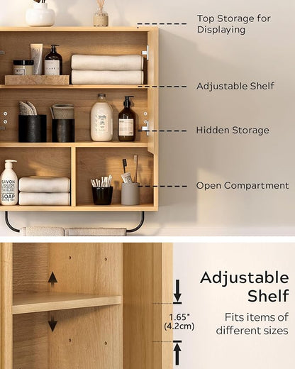 Fluted Wall Cabinet, Modern Wood Floating Bathroom Cabinet with Hanging Rod and Adjustable Shelf, Wall Mount Medicine Cabinet Natural Oak
