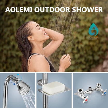 Aolemi Outdoor Shower Kit,Outdoor Shower Fixtures Faucet System with Brass Showerhead,Double Handle Exposed Shower with Brass Mix Valve,6 Inch Center with Soap Dish,Pipe Upward,Polish Chrome