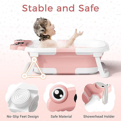 Baby Bathtub, Collapsible Newborn Bathtub for Infant to Toddler 0-24 Months with Soft Cushion and Thermometer,Portable Travel Newborn Tub with No-Slip Feet, Baby Shower Gifts,Pink
