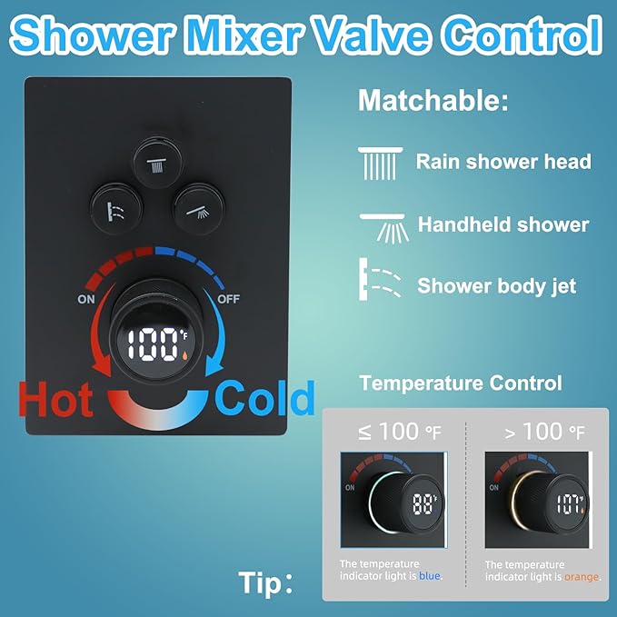 Solid Brass Shower Mixer Valve, Concealed 3 Way Outlet LED Digital Display Diverter Valve, Can Use All Options at A Time Black