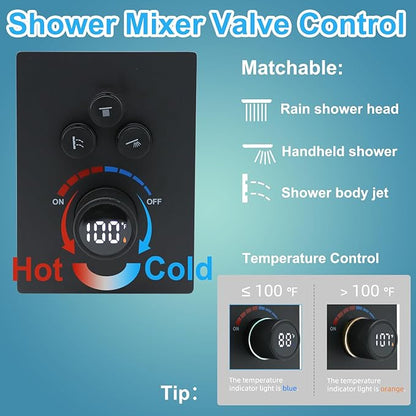 Solid Brass Shower Mixer Valve, Concealed 3 Way Outlet LED Digital Display Diverter Valve, Can Use All Options at A Time Black