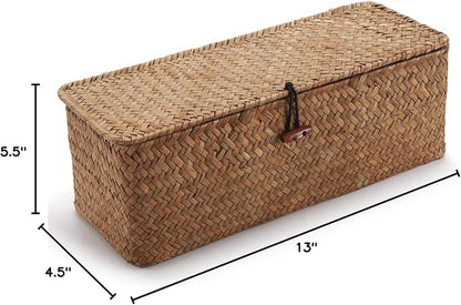 DOKOT Seagrass Woven Storage Basket with Lid, Rectangular Narrow Tampon Toilet Tank Organizer