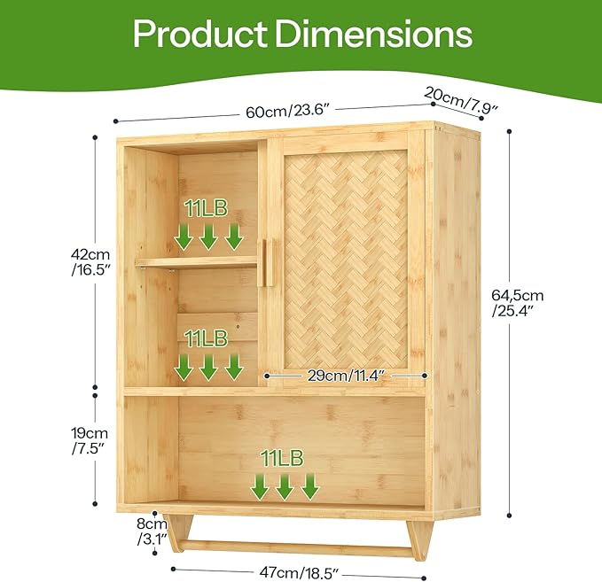 HOOBRO Bathroom Cabinet Wall Mounted, Bamboo Medicine Cabinet with Towels Bar & Adjustable Shelves, Over Toilet Cabinet, 23.6 x 7.9 x 28.5 Inches, for Bathroom, Laundry, Kitchen, Natural YL63CW01