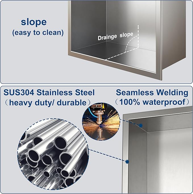 Neodrain Shower Niche, Bathroom Shelf Inner Size 18" X 12", Brushed Stainless Steel Bathroom Wall Niche Cubby, No Tiled Recessed, Stainless Shelf for Storage