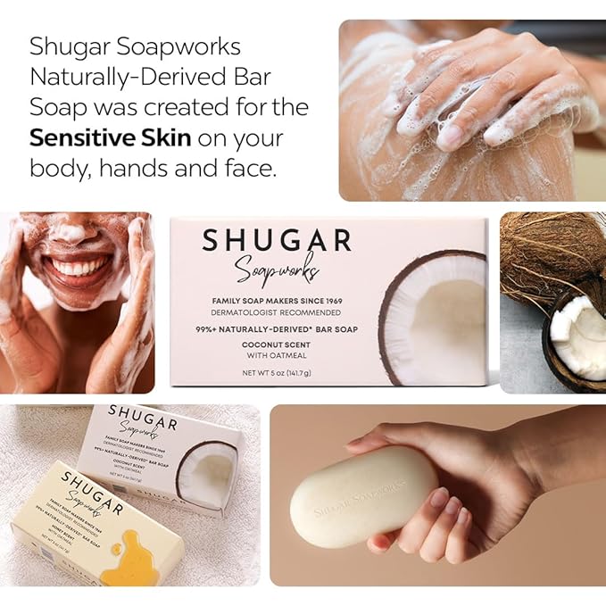 Shugar Soapworks Oatmeal & Coconut 5 oz Beauty Bar Soap 8-Pack | Plant-Based Vegan Formula | Sulfate & Paraben Free | Moisturizing Gentle Cleanser with Finely Ground Oatmeal Flakes