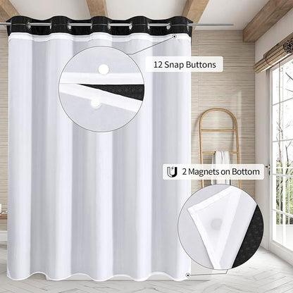 MitoVilla Black Waffle Long Shower Curtain Liner Set 72 x 80, No Hooks Needed 80 inch Long Heavyweight Fabric Shower Curtain Set with Snap-in Liner for Hotel Grade Spa-Like Bathroom Decor