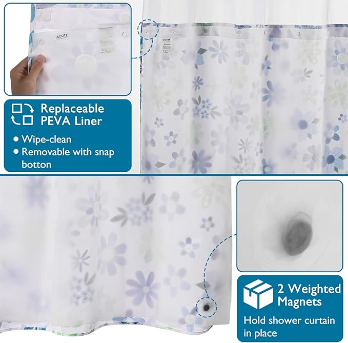 Lagute SnapHook Hook Free Fabric Floral Shower Curtain for Modern Bathroom with Snap-in Liner & See Through Top Window, Machine Washable | Hotel Grade, 71Wx74L, Green Daisy