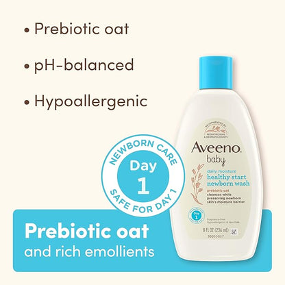 Aveeno Baby Healthy Start Nourishing Newborn Wash, Hypoallergenic Baby Body Wash, Prebiotic Oat, Gently Cleanses Sensitive Skin, No added Fragrances & Parabens, Tear-free, 8 fl. oz