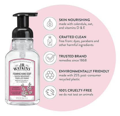 J.R. Watkins Foaming Hand Soap Pump with Dispenser, Moisturizing Foam, Alcohol-Free, Cruelty-Free, Use as Kitchen or Bathroom Soap, Cherry Blossom, 9 fl oz, 3 Pack