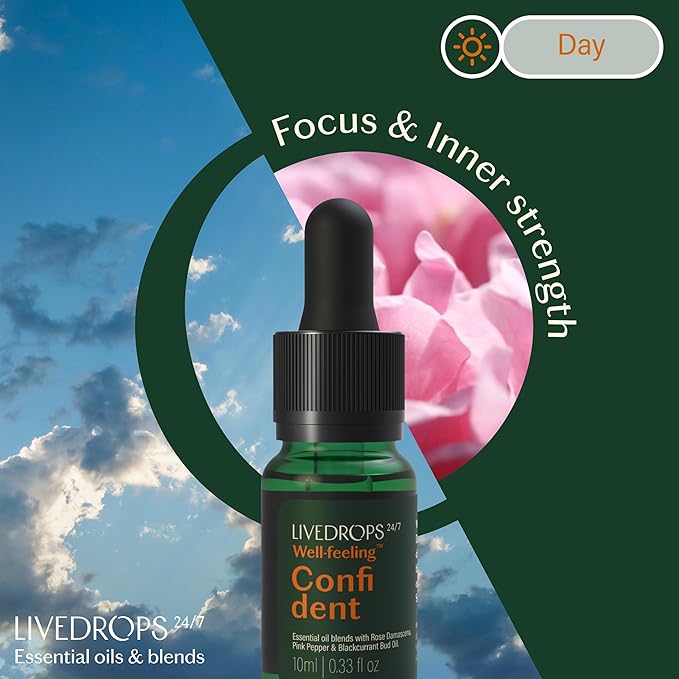 Livedrops 24/7 Confident Essential Oil Blend 10ml | Rose Damascena, Pink Pepper & Blackcurrant Bud Oil | Natural Vegan Aromatherapy | Skin & Diffuser Use | Crafted in France | Clinically Tested