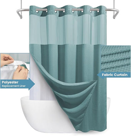 Teal Long No Hook Shower Curtain with Snap in Liner,230GSM Waffle Weave Shower Curtains for Bathroom,71W x 86H