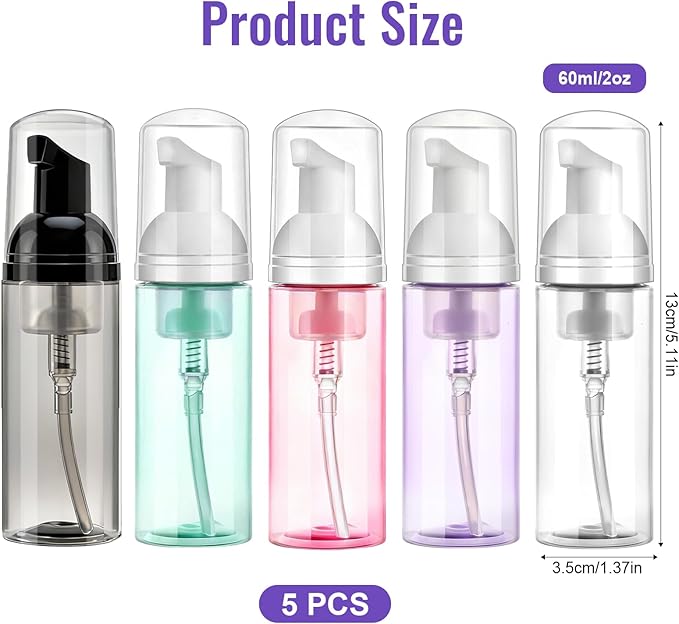 5 Pack 2 oz Travel Foam Pump Bottle, 60 ml Foam Dispenser, Clear PET Foaming Pump Bottle for Hand Soap, Shampoo, Hair Mousse, Self-tanner, Facial Cleansers (5, Multi-color)
