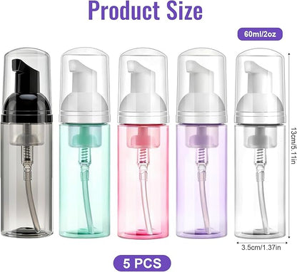 5 Pack 2 oz Travel Foam Pump Bottle, 60 ml Foam Dispenser, Clear PET Foaming Pump Bottle for Hand Soap, Shampoo, Hair Mousse, Self-tanner, Facial Cleansers (5, Multi-color)