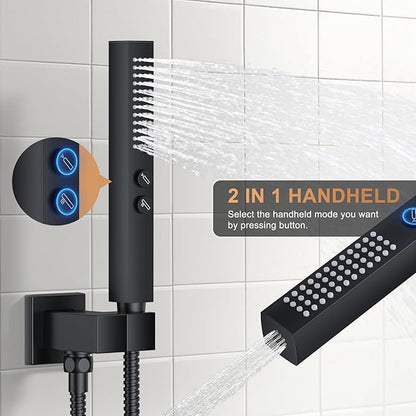 Shower Faucet Set, Ceiling Mount Shower System 12-inch & 6-inch Dual Shower Head Set with 2 in 1 Handheld Spray Rain Shower Faucet Head with Rough-in Valve and Shower Trim Kit, Matte Black