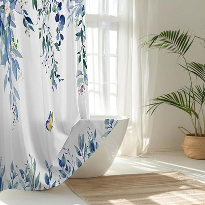 No Hook Shower Curtain and Liner Set, Blue Eucalyptus Floral Shower Curtains for Bathroom, Bath Curtain Sets with Snap in Liner, Waterproof with See Through Top Window, 54x80 Inches