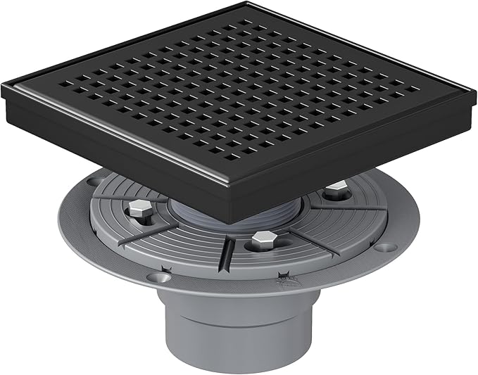 Neodrain 6 Inch Square Shower Drain, 304 Stainless Steel Bathroom Drainage with Removable Quadrato Pattern Grate, PVC Shower Drain Base, Hair Strainer for Bathroom Floor Drains, Matte Black