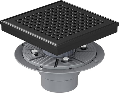 Neodrain 6 Inch Square Shower Drain, 304 Stainless Steel Bathroom Drainage with Removable Quadrato Pattern Grate, PVC Shower Drain Base, Hair Strainer for Bathroom Floor Drains, Matte Black