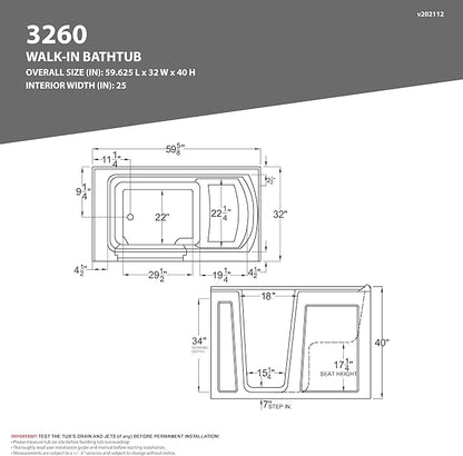 ANZZI Tubs Series Wide Opening Door Right Drain Quick Fill Walk-In Soaking Tub in Biscuit Finish 32 in. x 60 in. | AMZ3260RBS