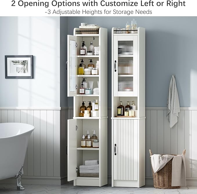 71" H Tall Bathroom Storage Cabinet, Narrow Bathroom Cabinet with Glass Door Slim Cabinet with Adjustable Shelf Skinny Linen Tower Thin Linen Storage for Small Space, Cream White