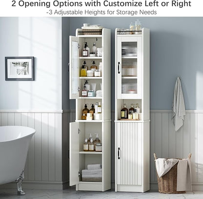 71" H Tall Bathroom Storage Cabinet, Narrow Bathroom Cabinet with Glass Door Slim Cabinet with Adjustable Shelf Skinny Linen Tower Thin Linen Storage for Small Space, Cream White