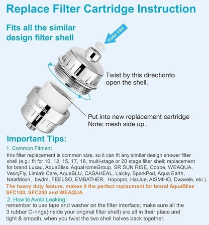 Heavy Duty Shower Filter Replacement Cartridge 2 Pcs, Shower Head Filter Refill Cartridge, for Hard Water Chlorine Heavy Metal Impurity, Improve Skin Hair, Fit Any Similar Design Shower Water Filter