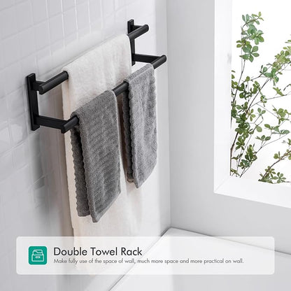 BAGNOLUX Double Towel Bar, SUS304 Towel Racks for Bathroom Wall Mounted 2-Tiers Ladder Towel Rails, Space Saving Bathroom Towel Holder Shelves Rack, Long Towel Hanger (16"-Square-Matte Black)