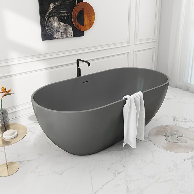 SJ STAR&JANE 59" Solid Surface Freestanding Bathtub Oval Stone Resin Soaking Tub Modern Stand Alone Tub with Overflow & Pop-up Drain for Bathrooms Dark Gray