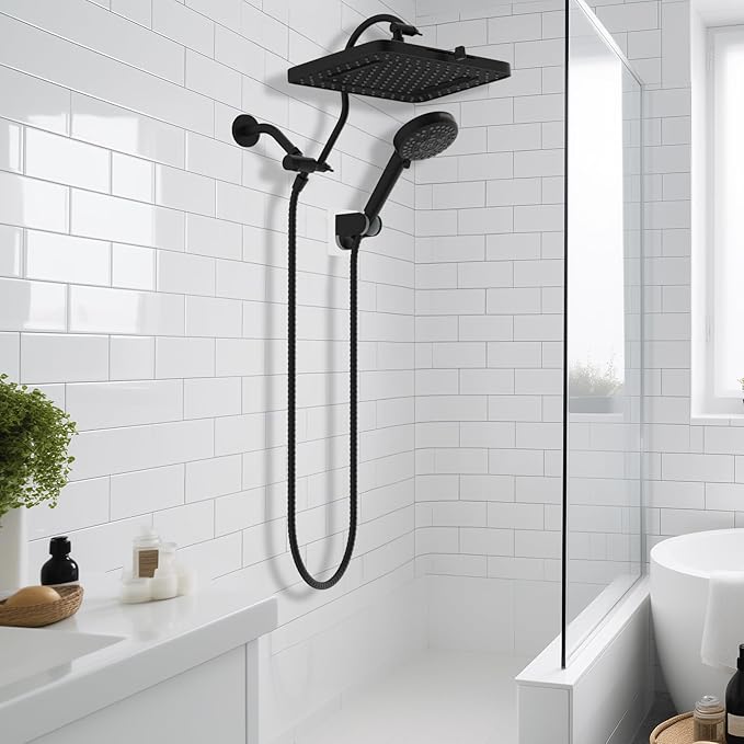 Hibbent cUPC Certified High Pressure 13'' Dual Shower Head Combo with 10-mode Handheld Spray, Rainfall 5-spray Shower Head, 12'' Adjustable Extension Arm, 71'' Hose, Showerhead Holder, Matte Black
