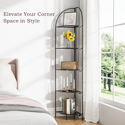 Crofy Foldable 5 Tier Corner Shelf, Metal Corner Plant Stand with Black Frame and Black Shelves, Corner Display Rack Multipurpose Shelving Unit for Living Room, Bedroom, Bathroom