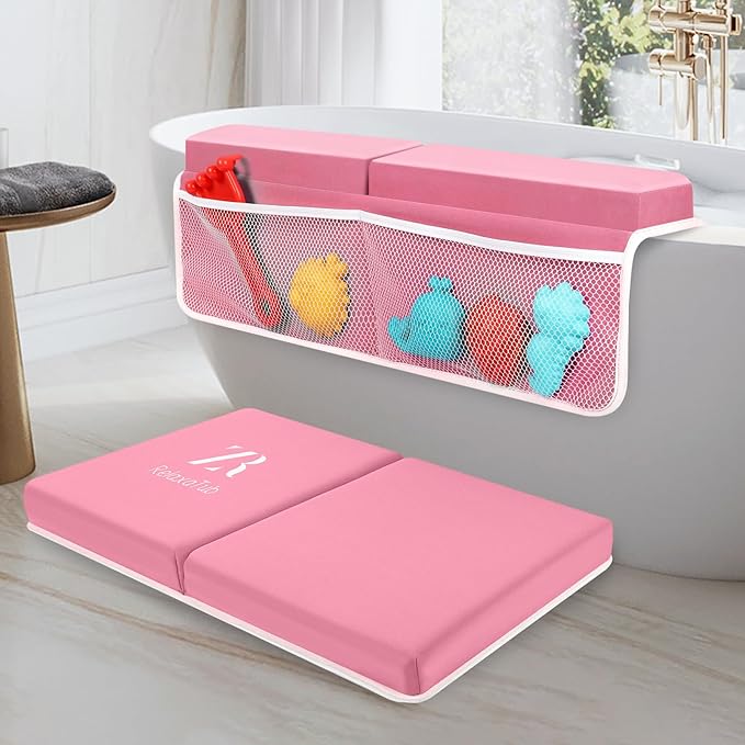 Bath Kneeler and Elbow Rest Pad Set - 2 inch Comfortable Thick Baby Bath Kneeler Pads, with Toy Organizer Pockets - Quick Drying, Foldable, Non-Slip for Baby and Toddler Bathing (Pink)